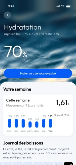 L’écran Hydratation de l’application