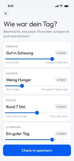 Der Check-in-Bildschirm der App, mit Energie, Hunger, Schlaf und Stimmung beantwortet