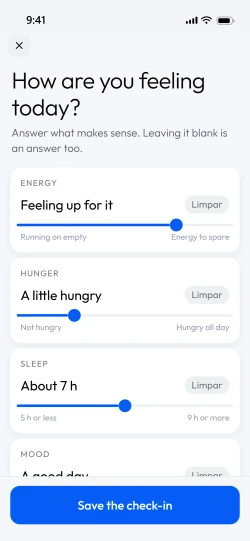 The check-in screen in the app, with energy, hunger, sleep and mood answered
