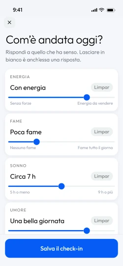 La schermata del check-in dell’app, con energia, fame, sonno e umore compilati