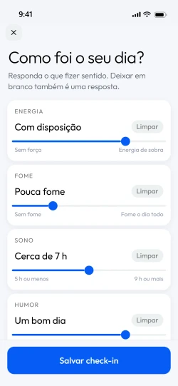 A tela de check-in do aplicativo, com energia, fome, sono e humor respondidos