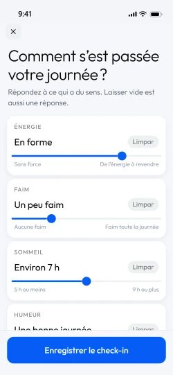 L’écran du check-in de l’application, avec l’énergie, la faim, le sommeil et l’humeur renseignés