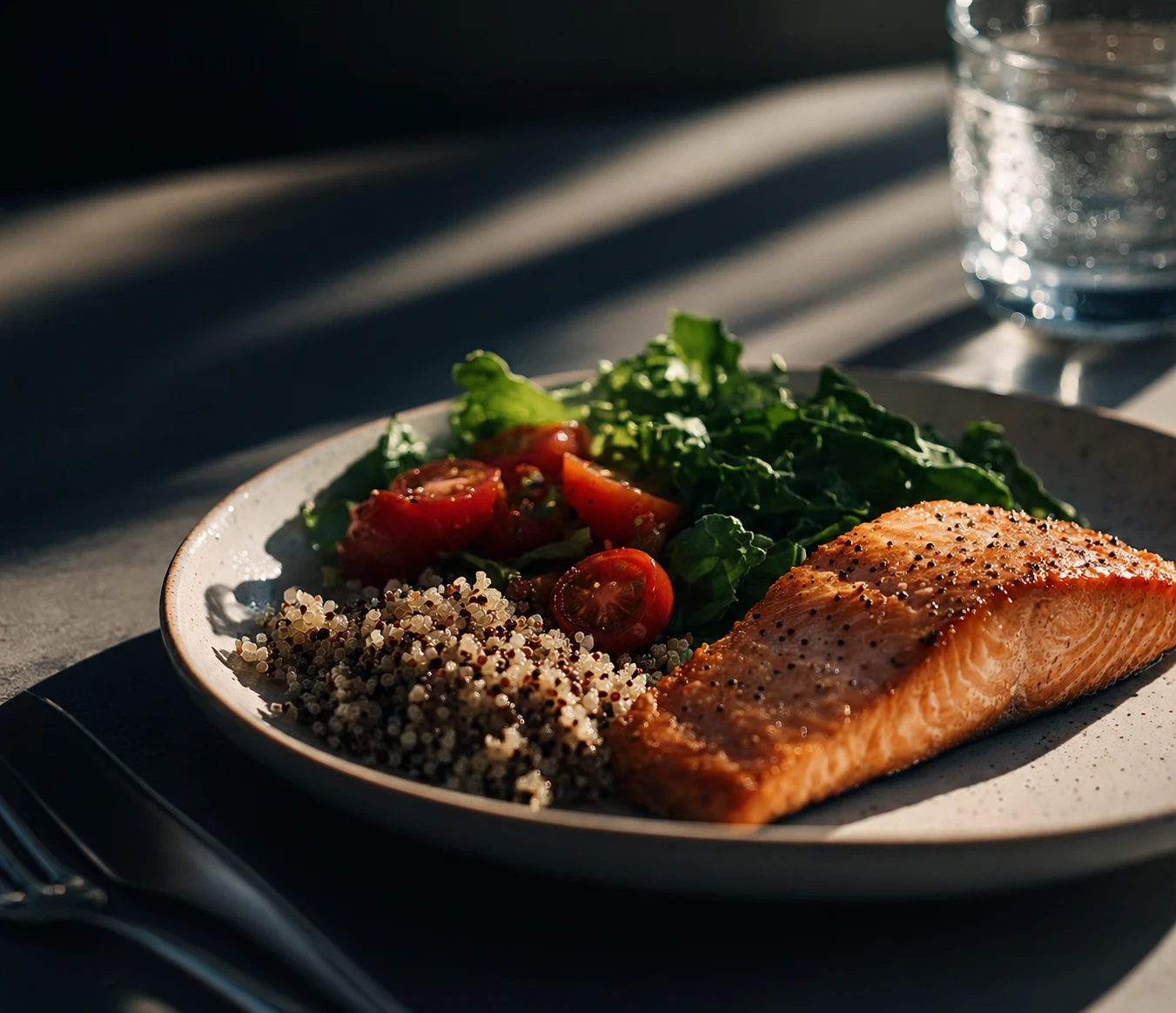 A plate of salmon, quinoa, tomatoes and greens, next to a glass of water
