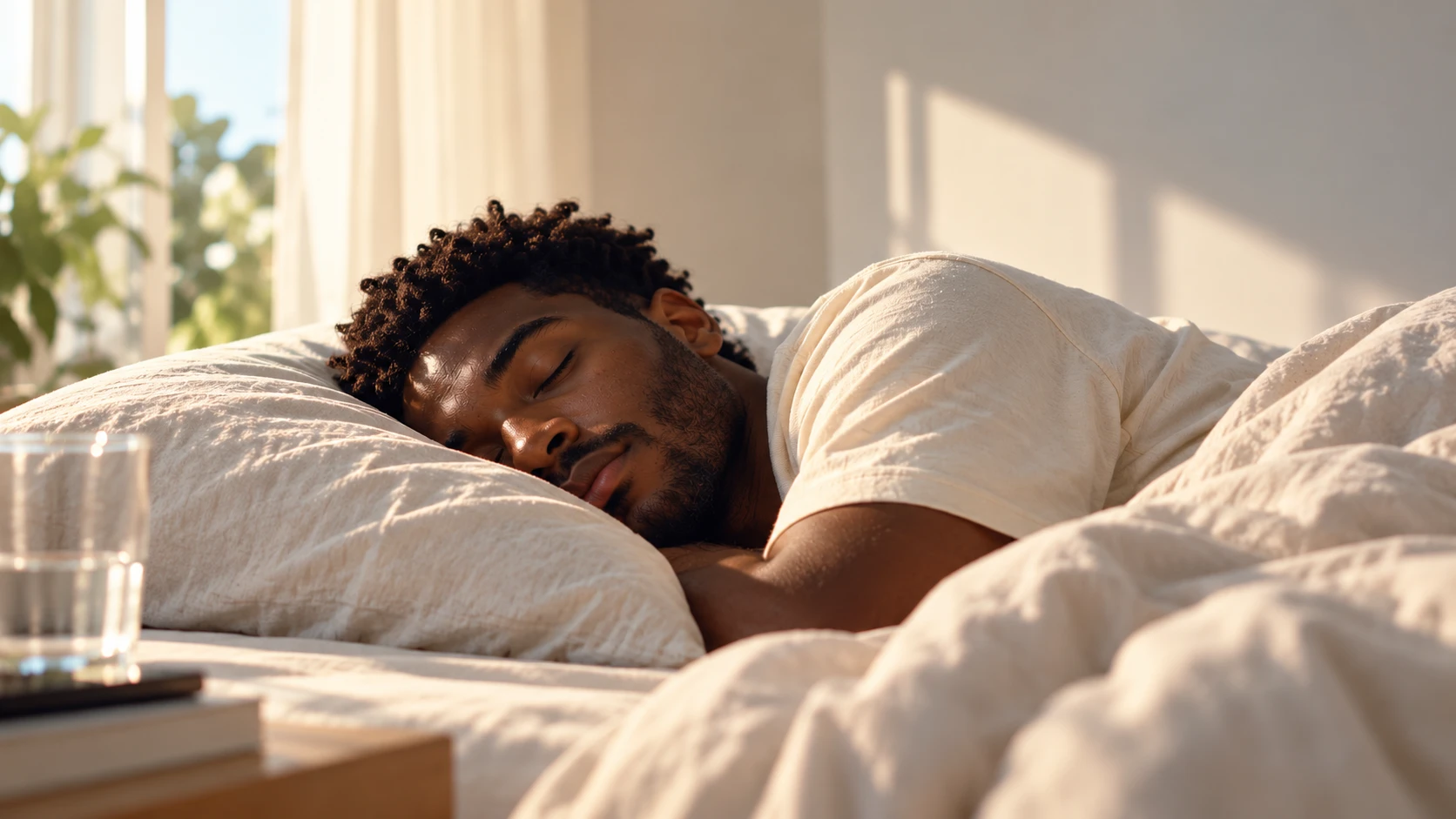 Man sleeping, with morning light coming through the window