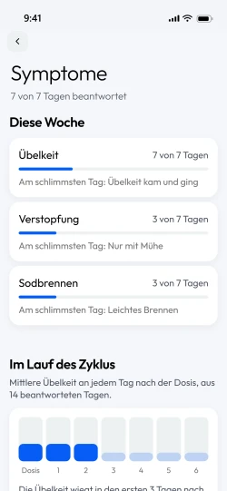 Der Bildschirm Symptome der App